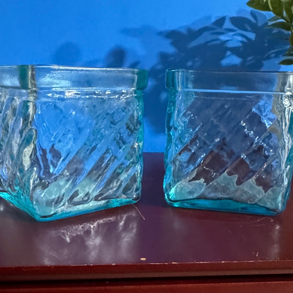 Pair of Vintage Aqua Ribbed Glass Votive Holder, Block Design - Picture 3 of 9
